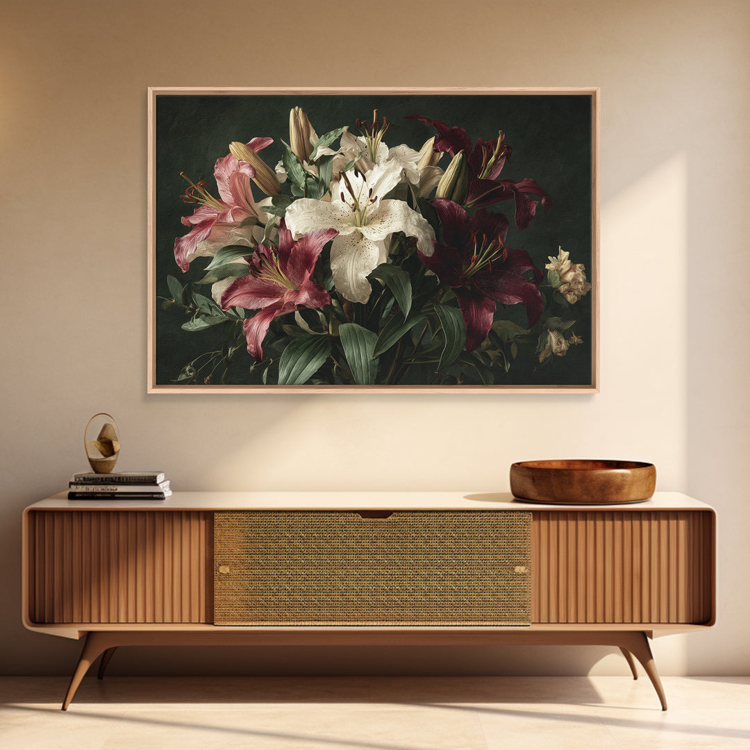 Lily Bouquet with Dramatic Dark Background Canvas Print, Floral Art, Gallery Decor, Living Room Decor, Fine Art, Bloom, FLO-3x2-48