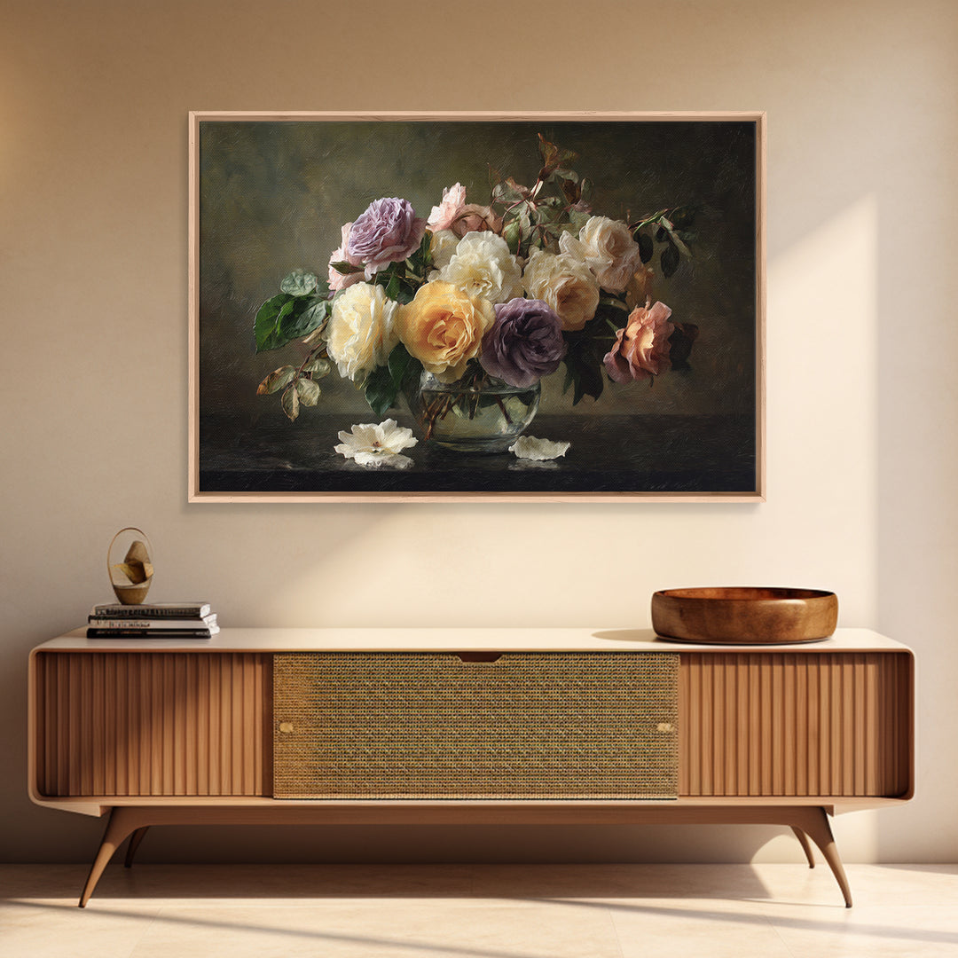 Dark Moody Roses Framed Canvas Print, Floral Art, Art Nouveau Decor, Living Room Decor, Fine Art, Bloom, Floral Decor, FLO-3x2-6