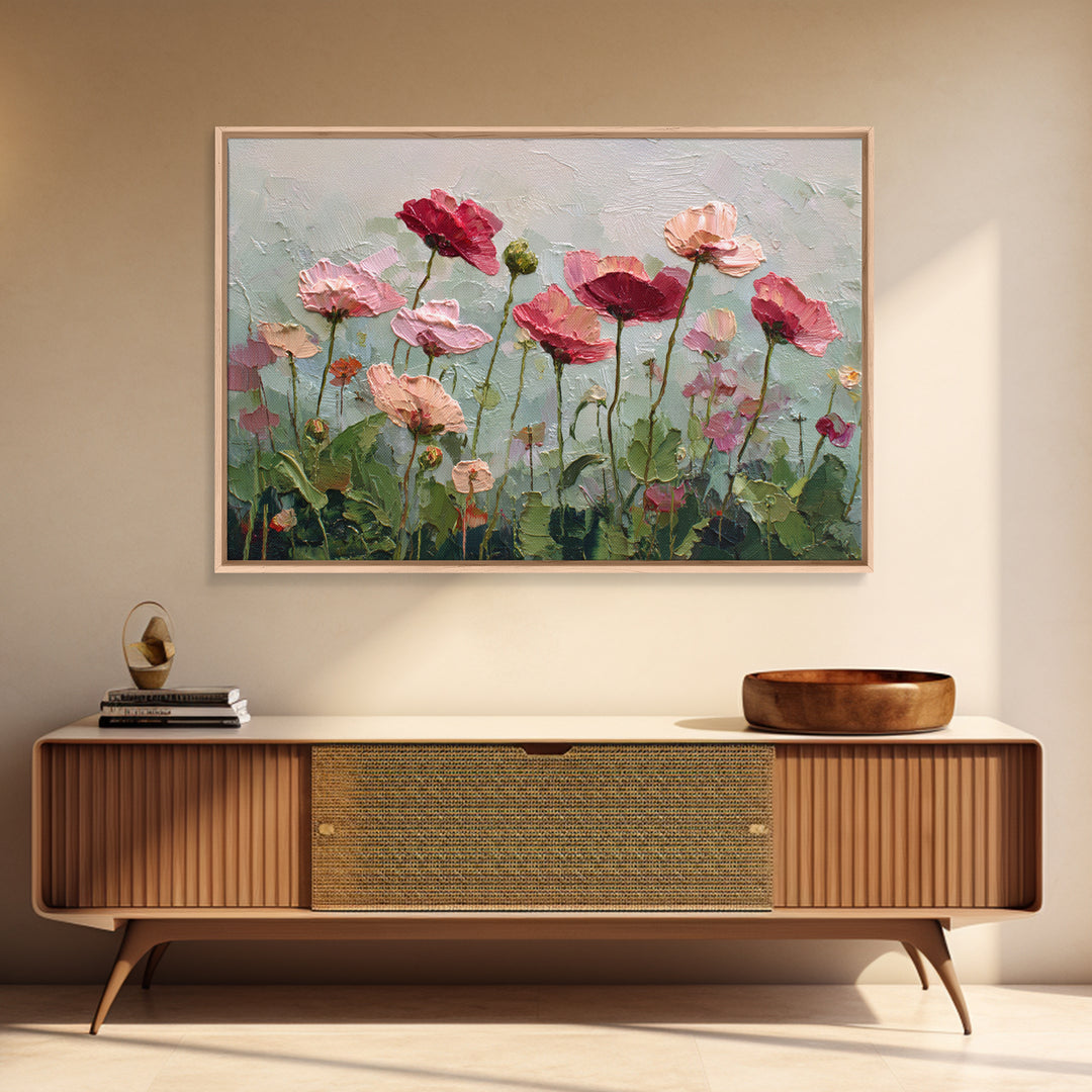 Poppy Field with Red Petals and Green Framed Canvas Print, Floral Art, Textured Painting, Living Room Decor, Fine Art, Bloom, FLO-3x2-60