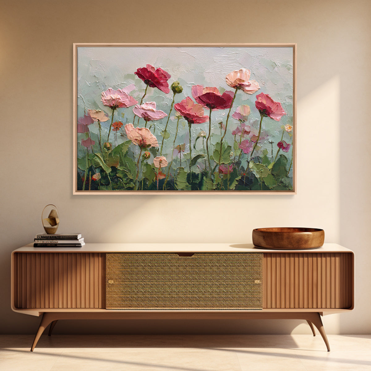 Poppy Field with Red Petals and Green Framed Canvas Print, Floral Art, Textured Painting, Living Room Decor, Fine Art, Bloom, FLO-3x2-60