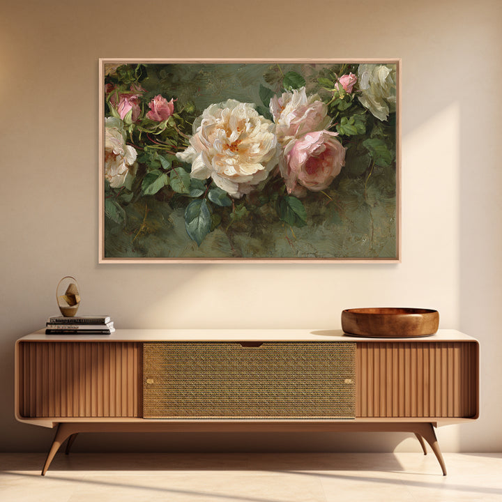 Floral Wreath of Garden Roses and Herbs Framed Canvas Print, Floral Art, Gallery Decor, Living Room Decor, Fine Art, Bloom, FLO-3x2-69