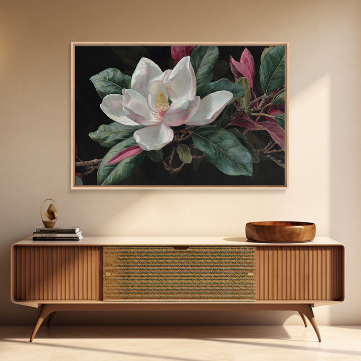 Single White Magnolia on Charcoal Ground Framed Canvas Print, Floral Art, Home Decor, Living Room Decor, Fine Art, Bloom, FLO-3x2-80