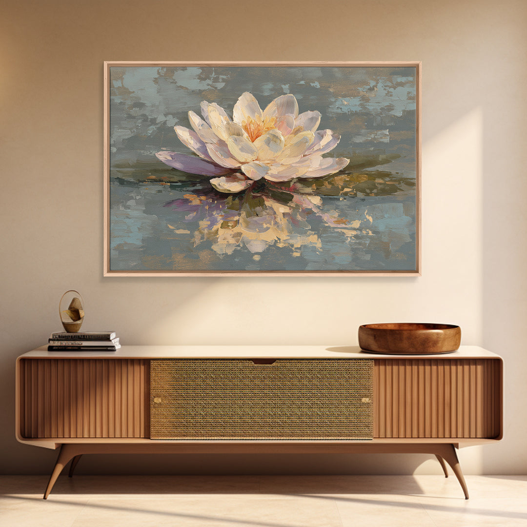 Lotus Blossom Floating on Still Water Framed Canvas Print, Floral Art, Art Nouveau Locket, Living Room Decor, Fine Art, Bloom, FLO-3x2-90