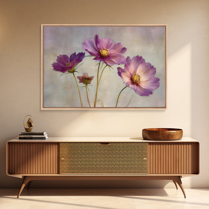 Cosmos Flowers Swaying Framed Canvas Print, Floral Art, Dark Academia Decor, Living Room Decor, Bloom, Printable Artwork, FLO-3x2-99