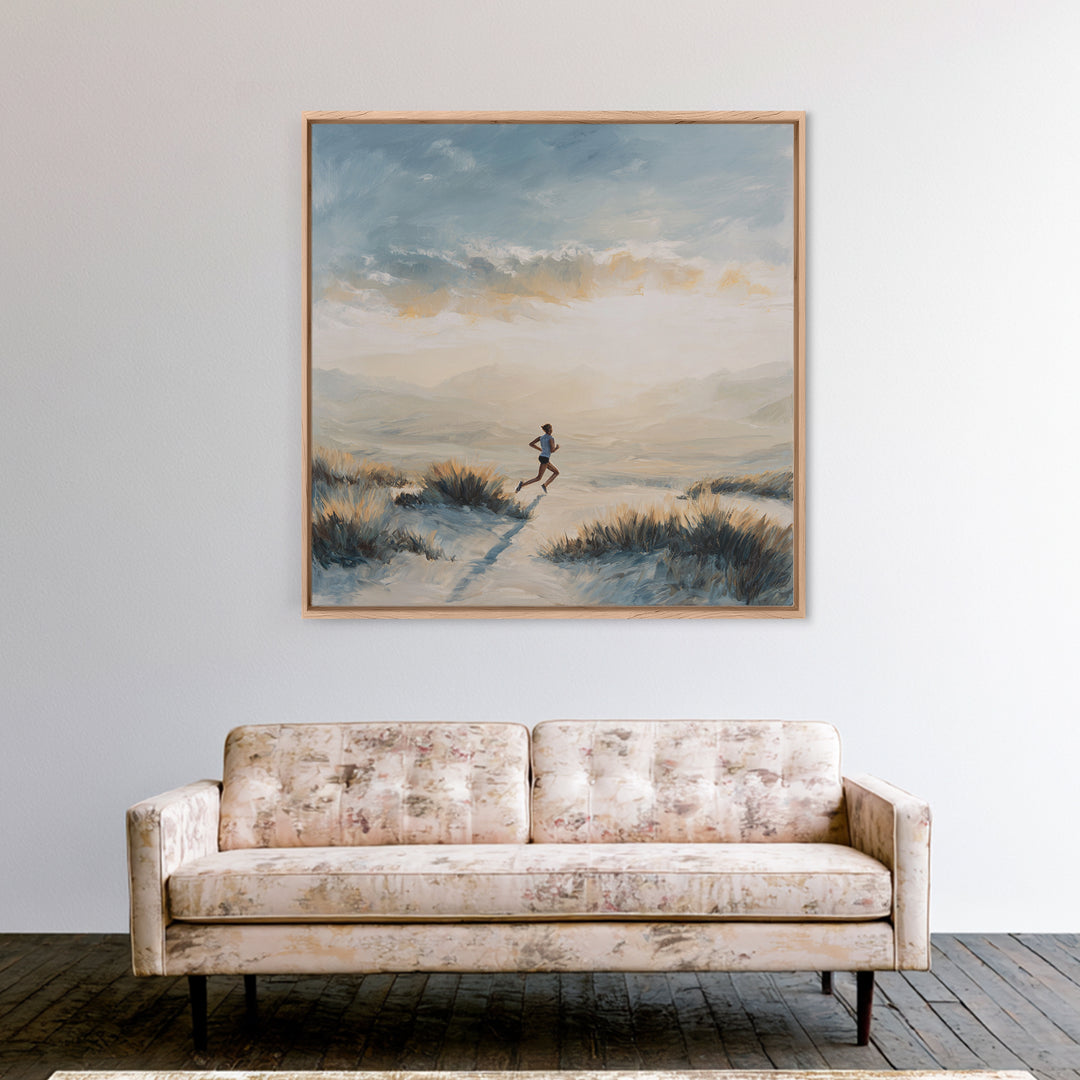 Mountain Trail Runner Framed Canvas Print, Fitness Studio Art, Motivational Canvas, Gym Decor, Watercolor Art, Motion, FSA-1x1-100