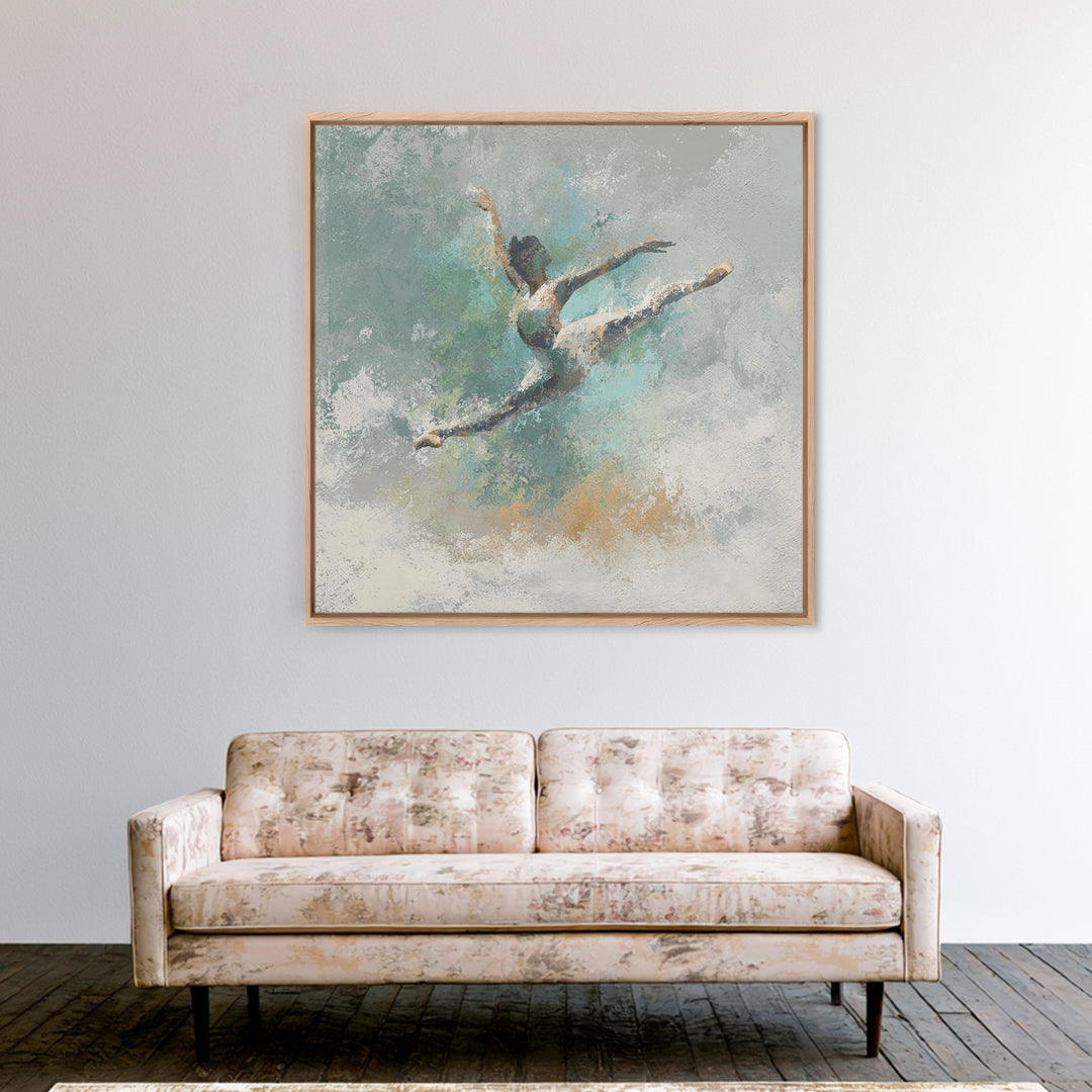 Dancer Leap with Painterly Energy Framed Canvas Print, Fitness Studio Art, Motivational Poster, Gym Decor, Fine Art, Motion, FSA-1x1-11