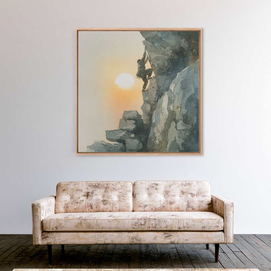 Rock Climber Reaching Toward Warm Light Framed Canvas Print, Fitness Studio Art, Dance Studio Decor, Gym Decor, Motion, FSA-1x1-63