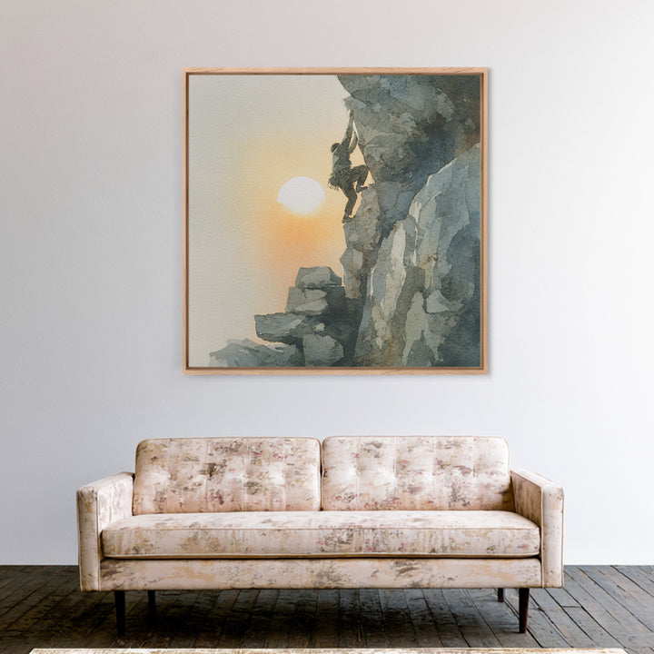 Rock Climber Reaching Toward Warm Light Framed Canvas Print, Fitness Studio Art, Dance Studio Decor, Gym Decor, Motion, FSA-1x1-63