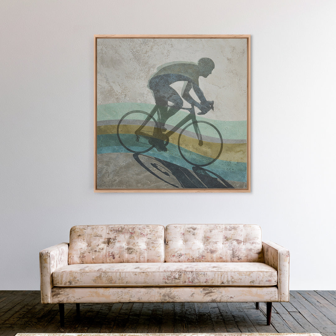 Cycling Figure in Bold Speed Lines Framed Canvas Print, Fitness Studio Art, Home Decor, Gym Decor, Oil Painting, Motion, FSA-1x1-80