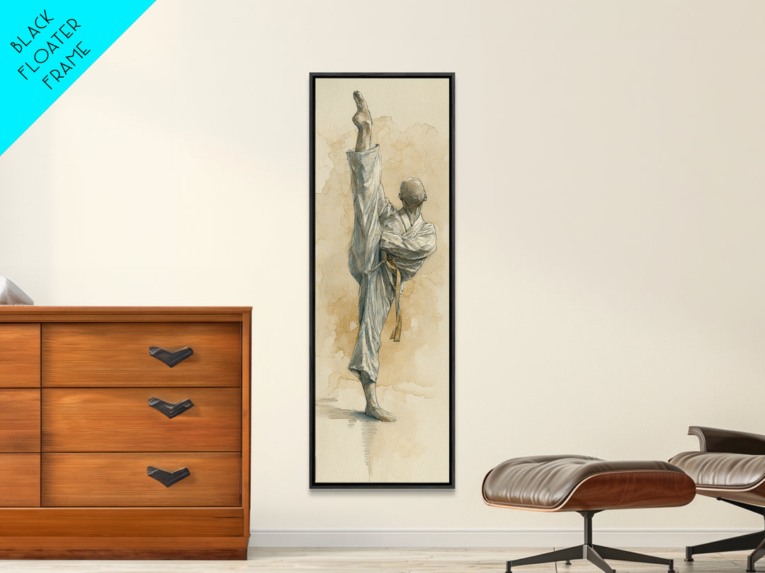 Martial Artist Pose Framed Canvas Print, Fitness Studio Art, Motivational Canvas, Gym Decor, Watercolor Art, Motion, FSA-1x3-31