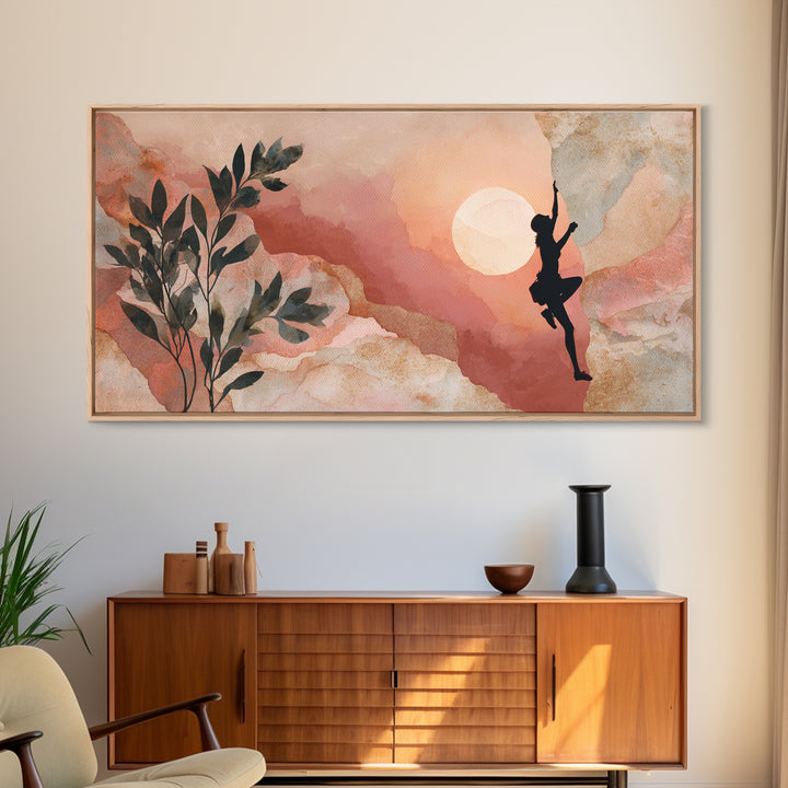 Rock Climber Reaching Toward Warm Light Framed Canvas Print, Fitness Studio Art, Boho Decor, Gym Decor, Oil Painting, Motion, FSA-2x1-35