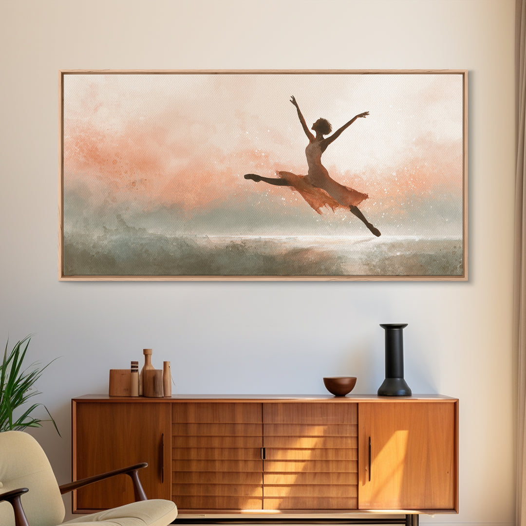 Dancer Leap with Painterly Energy Framed Canvas Print, Fitness Studio Art, Dancing Wall Art, Gym Decor, Fine Art, Motion, FSA-2x1-79