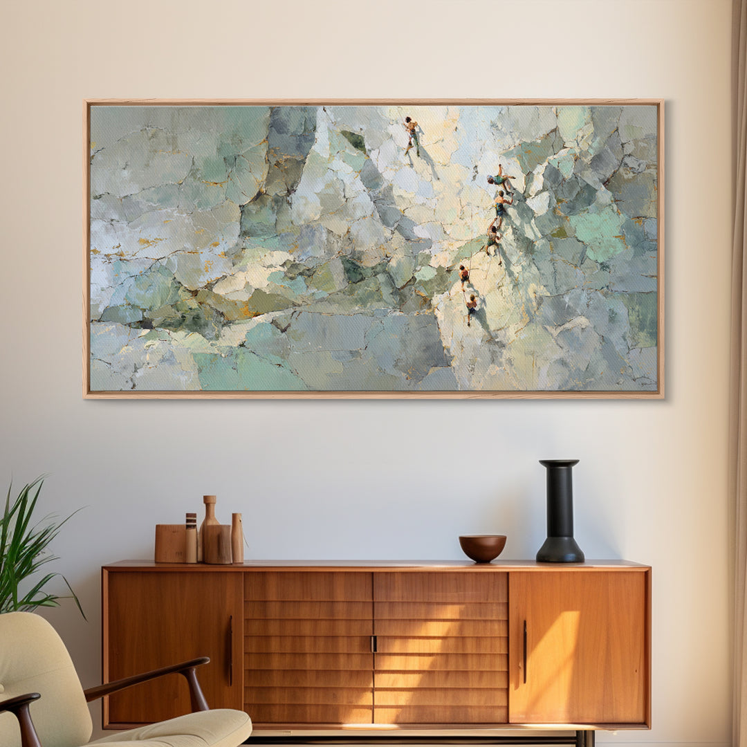 Rock Climber Reaching Toward Warm Light Framed Canvas Print, Fitness Studio Art, Boho Decor, Gym Decor, Fine Art, Motion, FSA-2x1-83