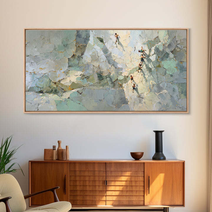 Rock Climber Reaching Toward Warm Light Framed Canvas Print, Fitness Studio Art, Boho Decor, Gym Decor, Fine Art, Motion, FSA-2x1-83