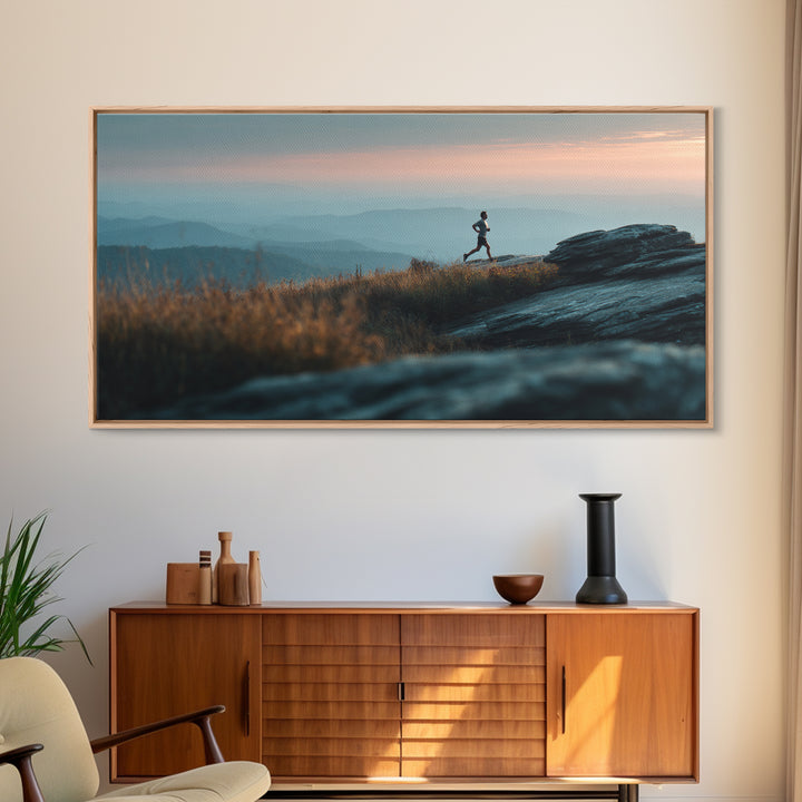 Mountain Trail Runner Framed Canvas Print, Fitness Studio Art, Minimalist Art Print, Gym Decor, Fine Art, Motion, Home Decor, FSA-2x1-96