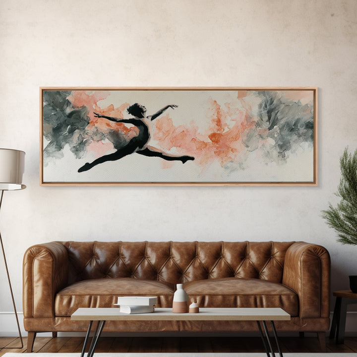 Dancer Leap with Painterly Energy Framed Canvas Print, Fitness Studio Art, Textured Painting, Gym Decor, Fine Art, Motion, FSA-3x1-51