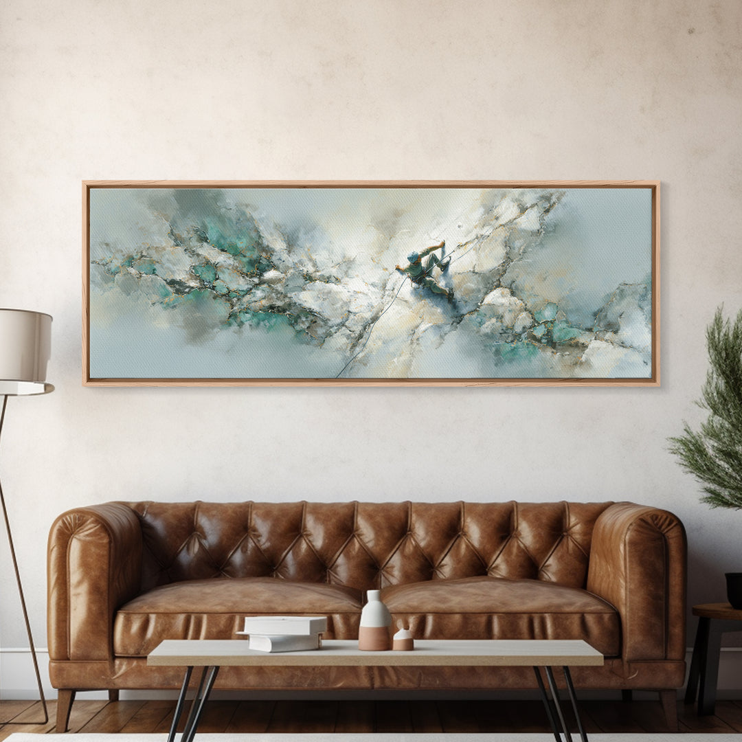 Rock Climber Reaching Toward Warm Light Framed Canvas Print, Fitness Studio Art, Boho Decor, Gym Decor, Fine Art, Motion, FSA-3x1-55