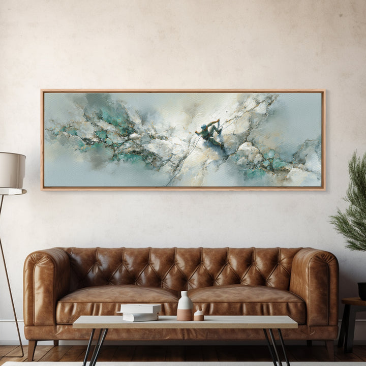 Rock Climber Reaching Toward Warm Light Framed Canvas Print, Fitness Studio Art, Boho Decor, Gym Decor, Fine Art, Motion, FSA-3x1-55