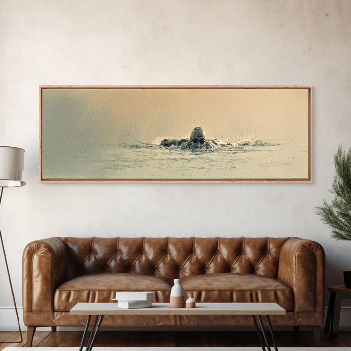 Swimmer Emerging Through Water Texture Framed Canvas Print, Fitness Studio Art, Large Wall Art, Gym Decor, Fine Art, Motion, FSA-3x1-82