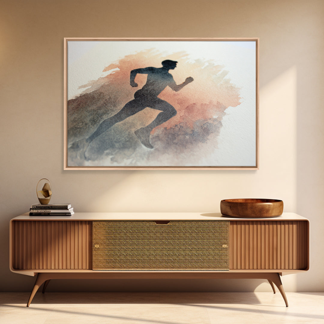 Runner Silhouette Breaking Through Morning Mist Framed Canvas Print, Fitness Studio Art, Abstract Art, Gym Decor, Motion, FSA-3x2-5