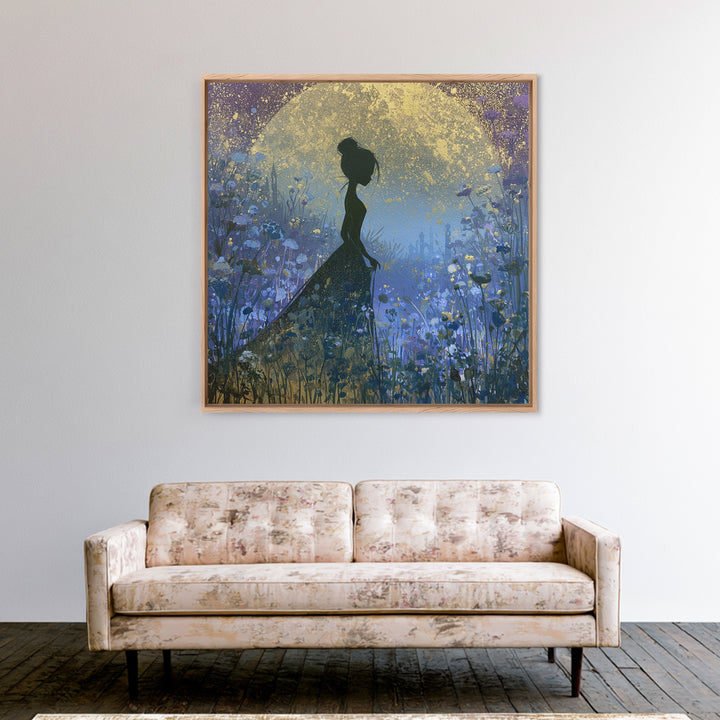 Princess Silhouette with Moonlit Garden Flowers Canvas Print, Fairy Tale Art, Art Nouveau Print, Living Room Decor, Storybook, FTA-1x1-100