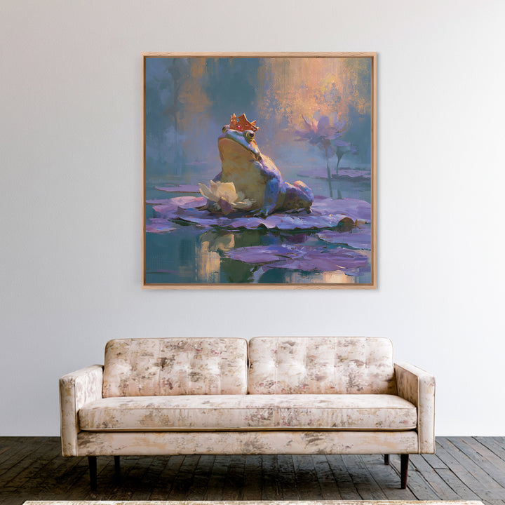 Frog Prince on a Lily Pad Framed Canvas Print, Fairy Tale Art, Whimsical Decor, Living Room Decor, Fine Art, Storybook, FTA-1x1-11