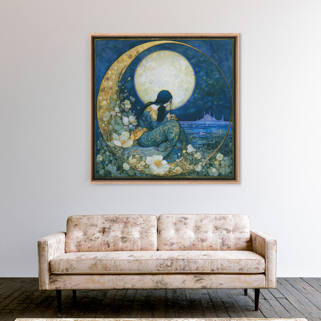 Mermaid Combing Hair Beneath a Pearl Moon Framed Canvas Print, Fairy Tale Art, Painting, Living Room Decor, Fine Art, Storybook, FTA-1x1-12