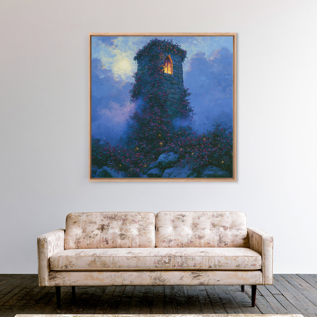 Rose Covered Tower Canvas Print, Fairy Tale Art, Folk Art, Living Room Decor, Fine Art, Storybook, Modern Decor, Fine Art Print, FTA-1x1-18