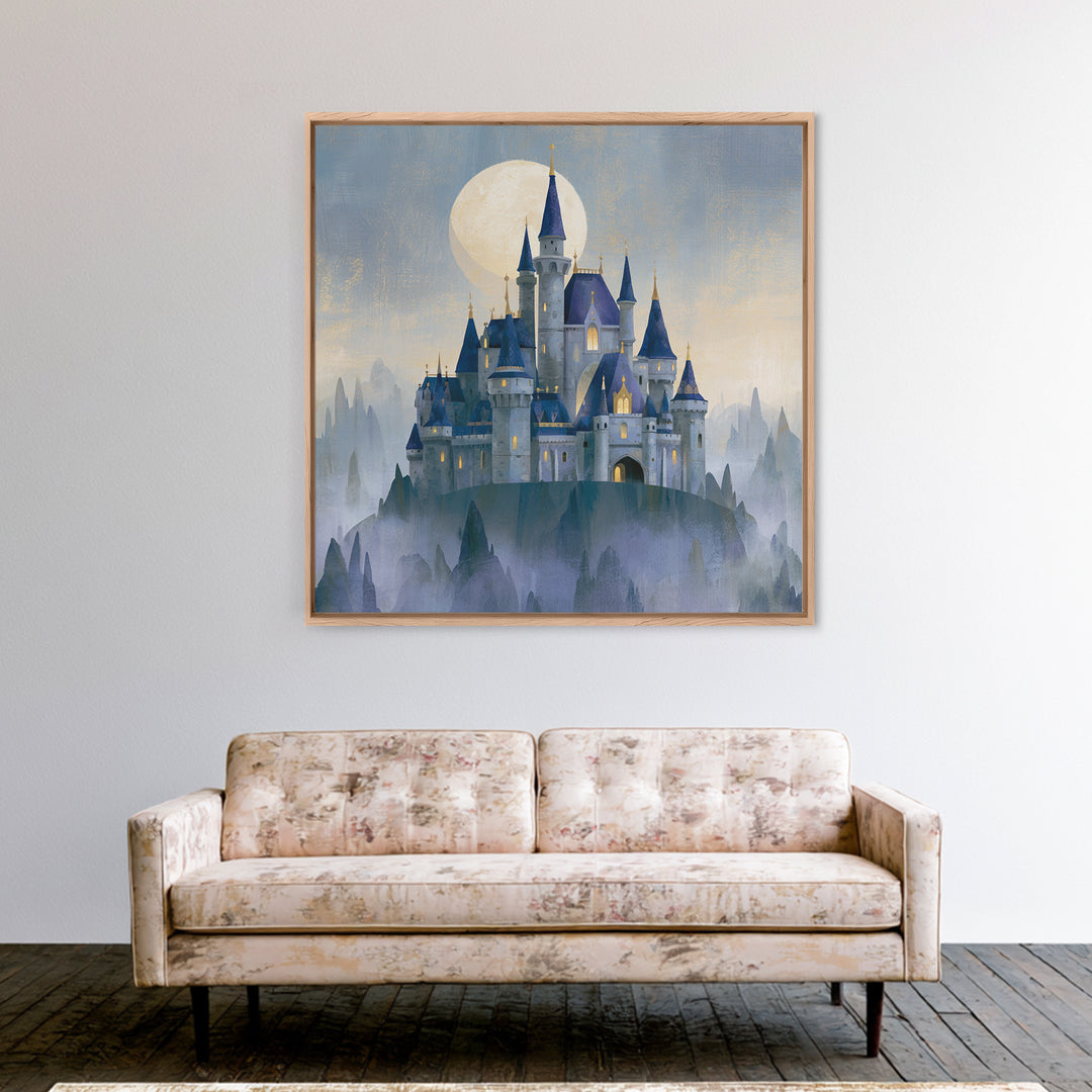 Storybook Castle on a Misty Hill Framed Canvas Print, Fairy Tale Art, Dark Art, Living Room Decor, Fine Art, Storybook, FTA-1x1-2