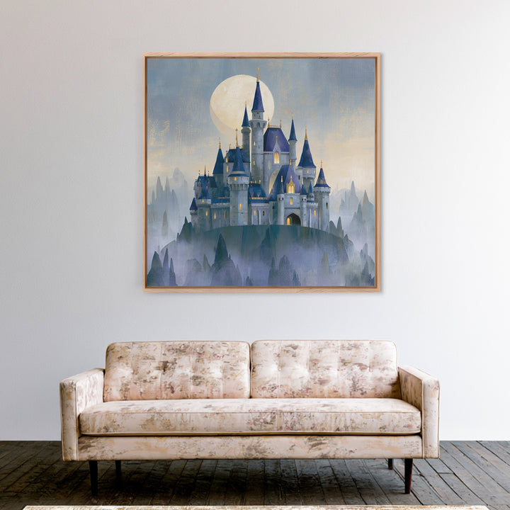 Storybook Castle on a Misty Hill Framed Canvas Print, Fairy Tale Art, Dark Art, Living Room Decor, Fine Art, Storybook, FTA-1x1-2