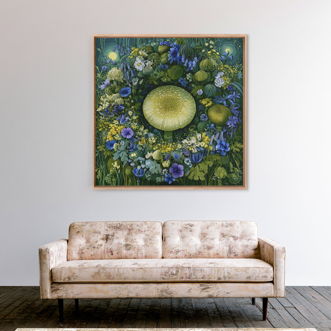 Fairy Ring of Mushrooms and Wildflowers Framed Canvas Print, Fairy Tale Art, Neutral Decor, Living Room Decor, Oil Painting, FTA-1x1-21