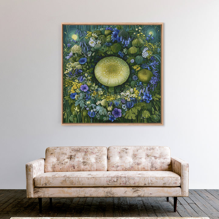 Fairy Ring of Mushrooms and Wildflowers Framed Canvas Print, Fairy Tale Art, Neutral Decor, Living Room Decor, Oil Painting, FTA-1x1-21