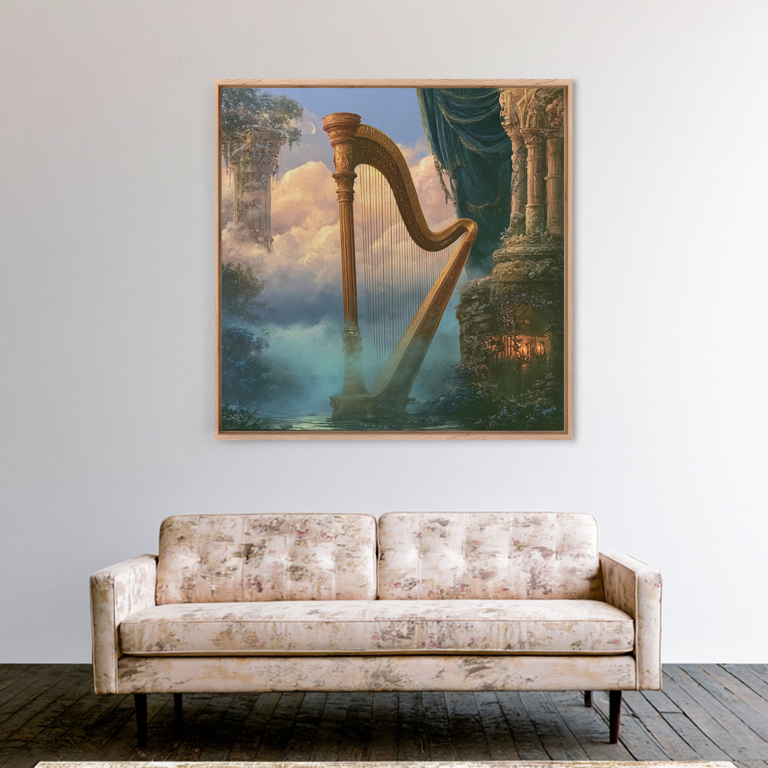 Golden Harp in a Cloud Kingdom Canvas Print, Fairy Tale Art, Princess Wall Art, Living Room Decor, Oil Painting, Storybook, FTA-1x1-22