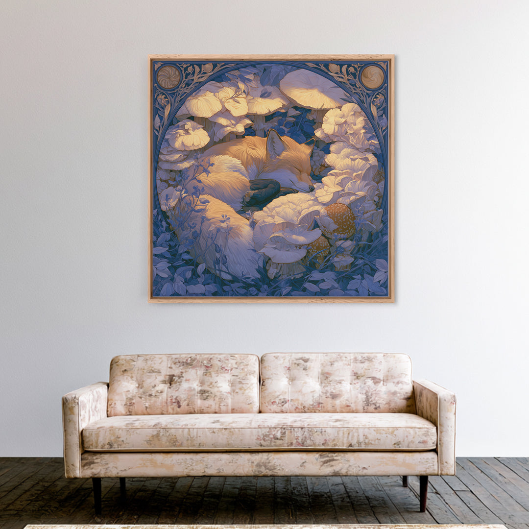 Sleeping Fox Beside a Magical Mushroom Ring Framed Canvas Print, Fairy Tale Art, Nursery Art, Living Room Decor, Storybook, FTA-1x1-27