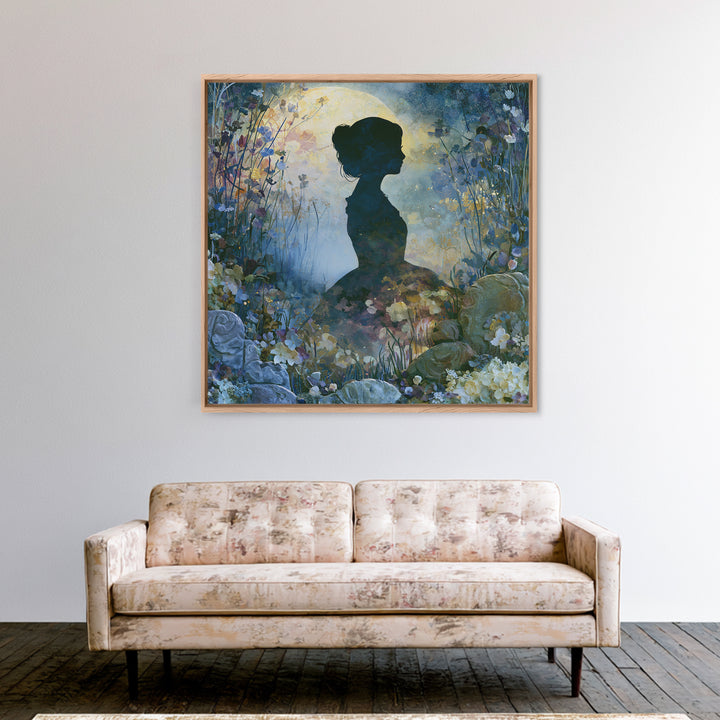 Princess Silhouette with Moonlit Garden Flowers Framed Canvas Print, Fairy Tale Art, Art Deco, Living Room Decor, Storybook, FTA-1x1-28