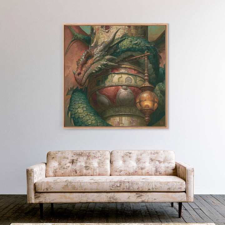 Dragon Curled Around a Jeweled Tower Framed Canvas Print, Fairy Tale Art, Textured Painting, Living Room Decor, Storybook, FTA-1x1-29