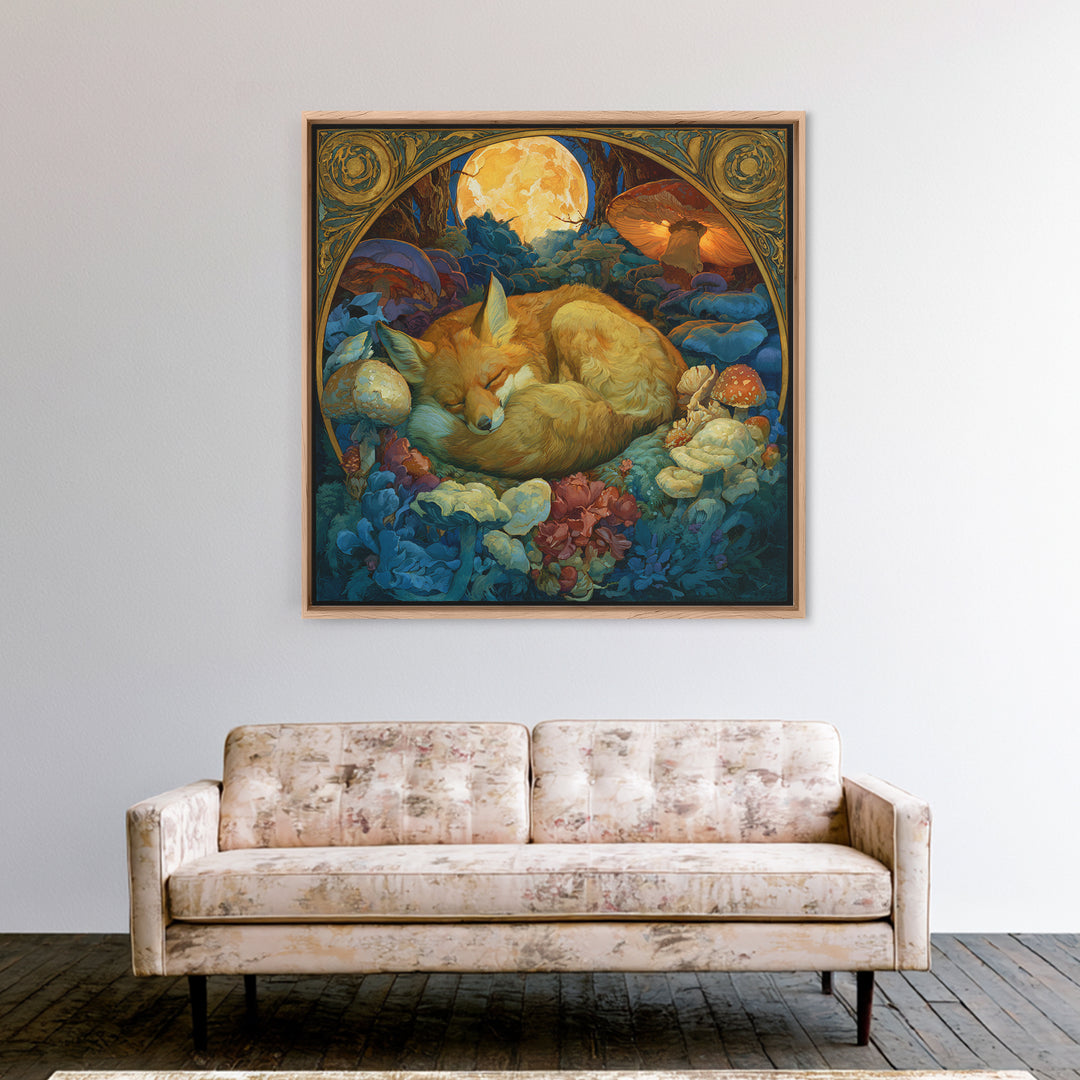 Sleeping Fox Beside a Magical Mushroom Ring Canvas Print, Fairy Tale Art, Abstract Art, Living Room Decor, Storybook, FTA-1x1-3