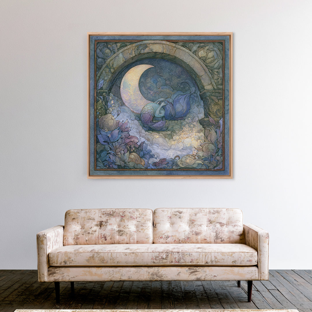 Mermaid Combing Hair Beneath a Pearl Moon Canvas Print, Fairy Tale Art, Nursery Wall Art, Living Room Decor, Watercolor Art, FTA-1x1-36