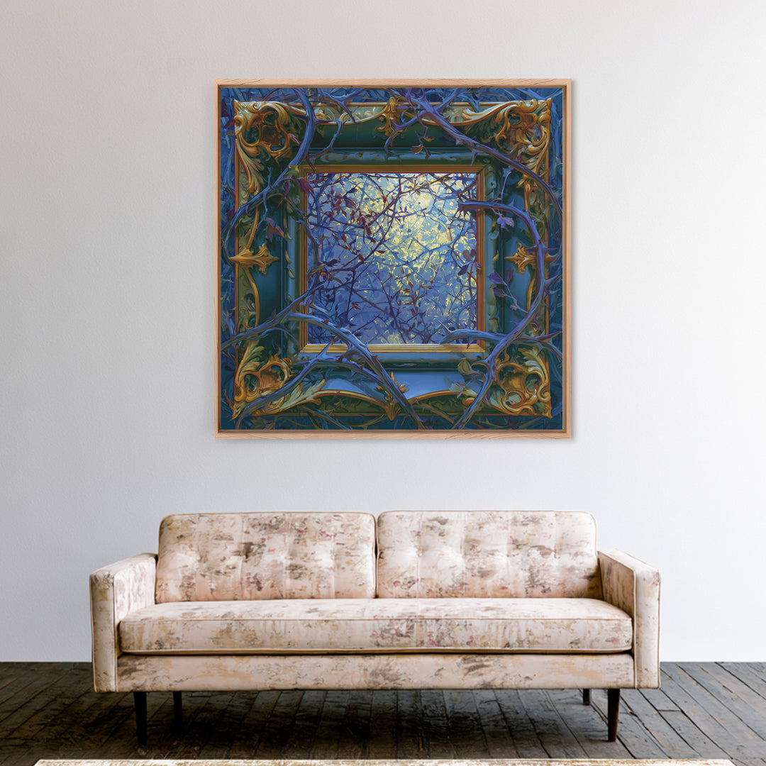 Magic Mirror Framed by Vines and Thorns Framed Canvas Print, Fairy Tale Art, Boho Decor, Living Room Decor, Oil Painting, FTA-1x1-37
