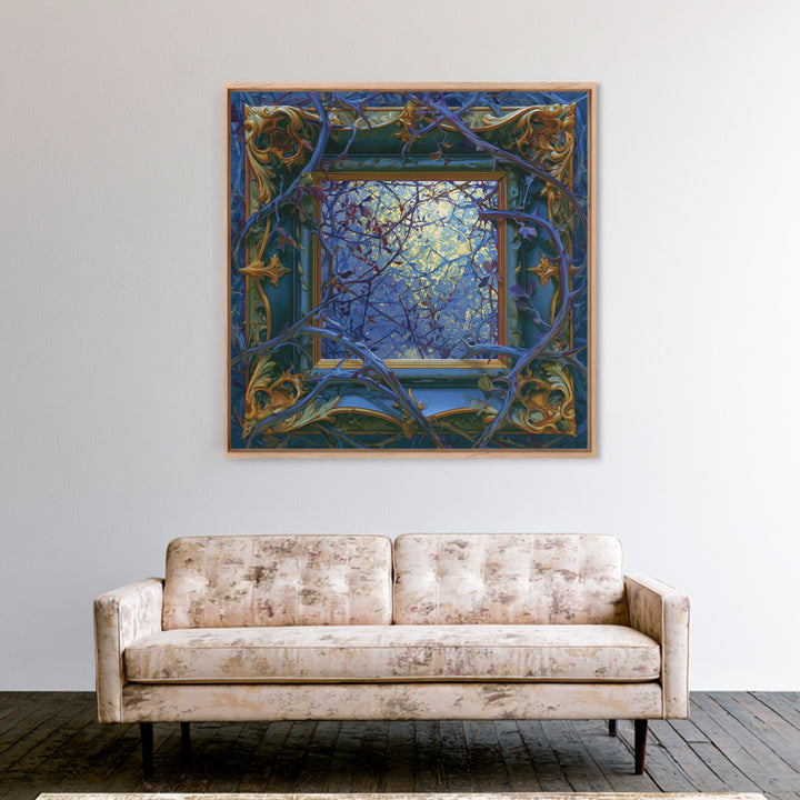 Magic Mirror Framed by Vines and Thorns Framed Canvas Print, Fairy Tale Art, Boho Decor, Living Room Decor, Oil Painting, FTA-1x1-37