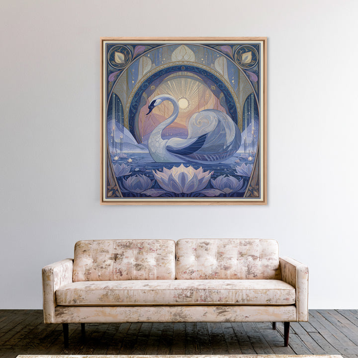 White Swan Transformation Scene Framed Canvas Print, Fairy Tale Art, Folk Art, Living Room Decor, Fine Art, Storybook, FTA-1x1-39