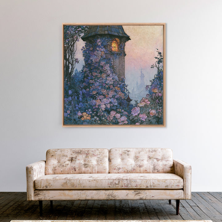 Rose Covered Tower Framed Canvas Print, Fairy Tale Art, Kids Room Decor, Living Room Decor, Abstract Art, Storybook, FTA-1x1-42