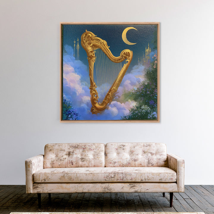 Golden Harp in a Cloud Kingdom Framed Canvas Print, Fairy Tale Art, Mixed Media Art, Living Room Decor, Fine Art, Storybook, FTA-1x1-46