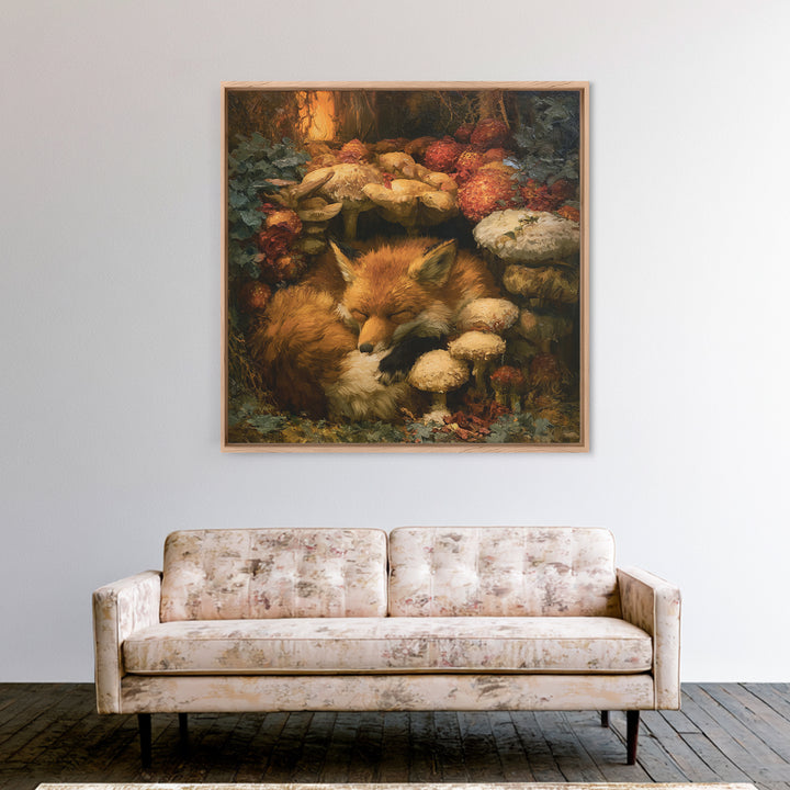 Sleeping Fox Beside a Magical Mushroom Ring Framed Canvas Print, Fairy Tale Art, Fantasy Art, Living Room Decor, Oil Painting, FTA-1x1-51