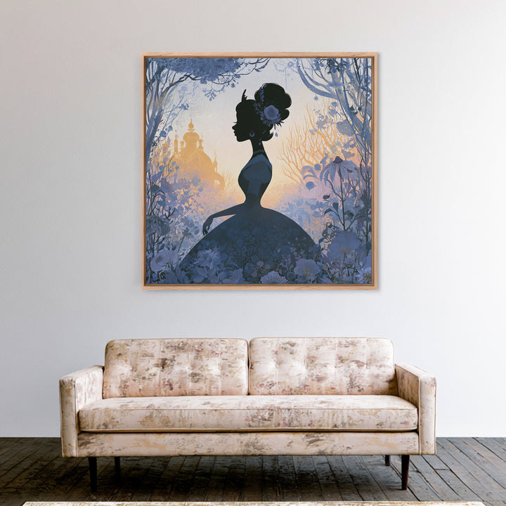 Princess Silhouette with Moonlit Garden Flowers Framed Canvas Print, Fairy Tale Art, Watercolor Art, Living Room Decor, FTA-1x1-52