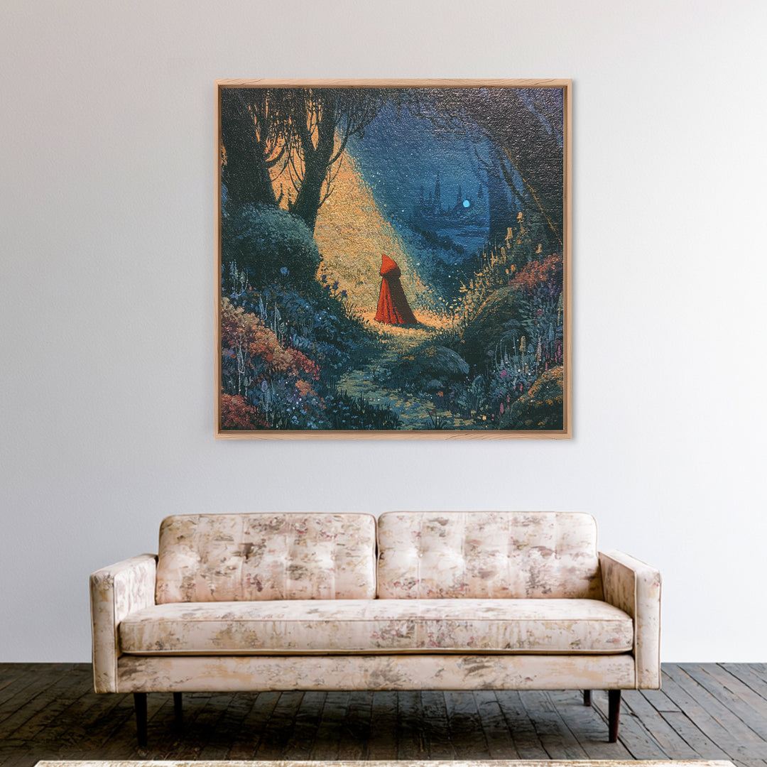 Red Cloak Figure Walking Through Dark Woods Framed Canvas Print, Fairy Tale Art, Canvas Wall Art, Living Room Decor, Storybook, FTA-1x1-56