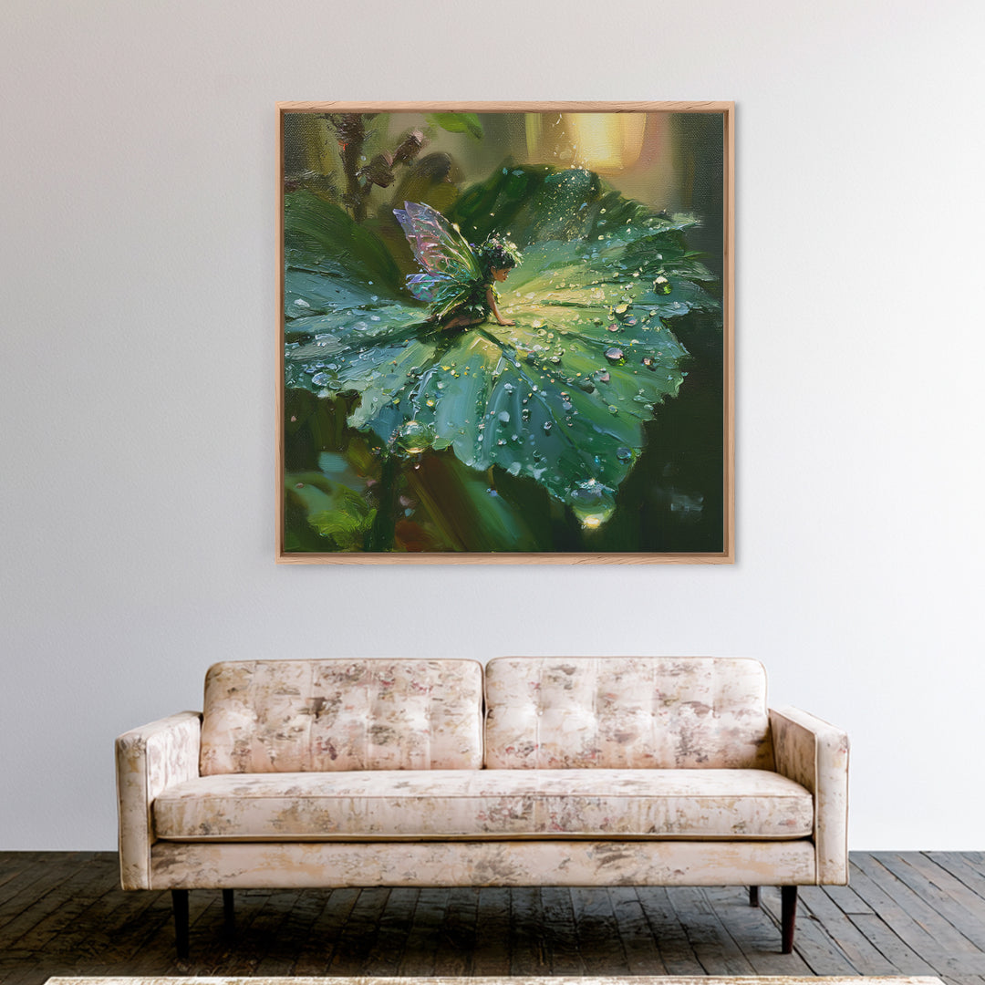 Tiny Fairy Resting on a Dew Covered Framed Canvas Print, Fairy Tale Art, Printable Art, Living Room Decor, Oil Painting, FTA-1x1-7