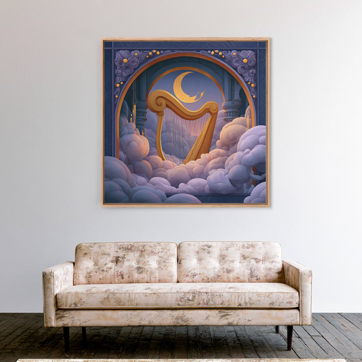 Golden Harp in a Cloud Kingdom Framed Canvas Print, Fairy Tale Art, Mixed Media Art, Living Room Decor, Fine Art, Storybook, FTA-1x1-70