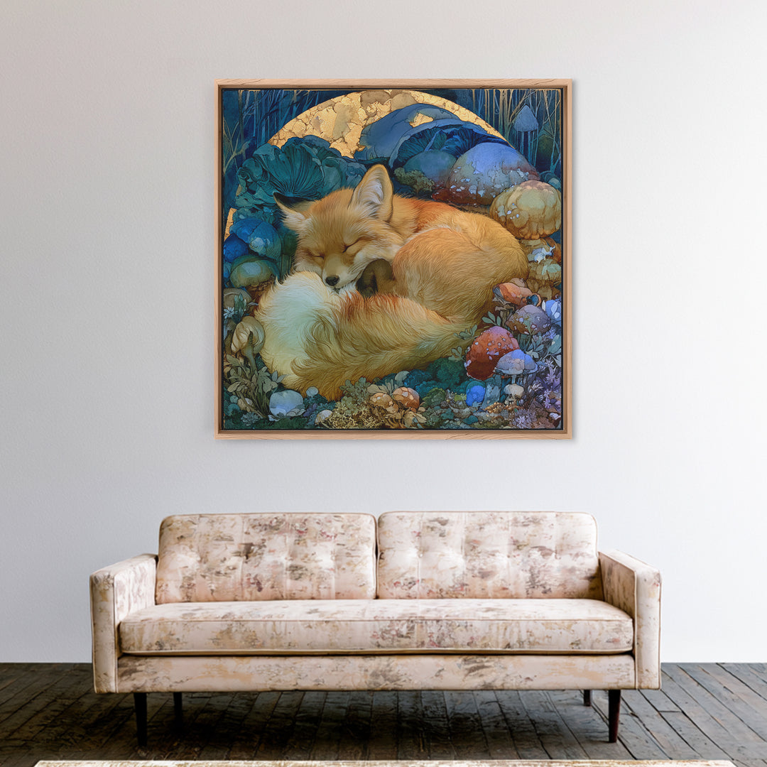 Sleeping Fox Beside a Magical Mushroom Ring Canvas Print, Fairy Tale Art, Statement Artwork, Living Room Decor, Storybook, FTA-1x1-75