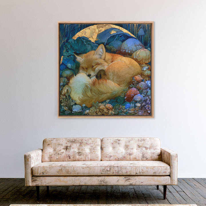 Sleeping Fox Beside a Magical Mushroom Ring Canvas Print, Fairy Tale Art, Statement Artwork, Living Room Decor, Storybook, FTA-1x1-75